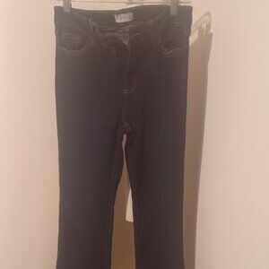 Cello Stretch Jeans 5 Pocket Zip Fly Dark Denim Long Flared Bottom Size 9